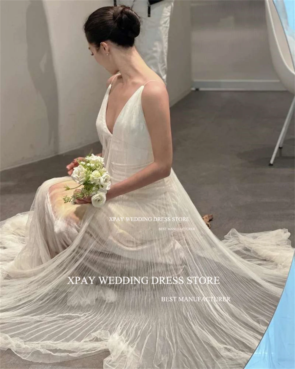 XPAY Deep V Neck Pleats A Line Korea Wedding Dress Fairy Tulle Sleeveless Bridal Gown Custom Photos Shoot Open Back Bride Dress