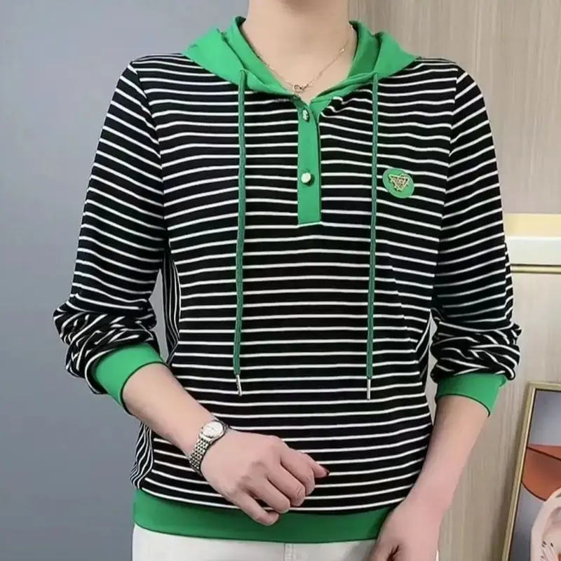 Spring and Autumn Women's 2024 Summer New Hooded Patchwork Button Drawstring Striped Fashion Loose Casual Long Sleeved Tops