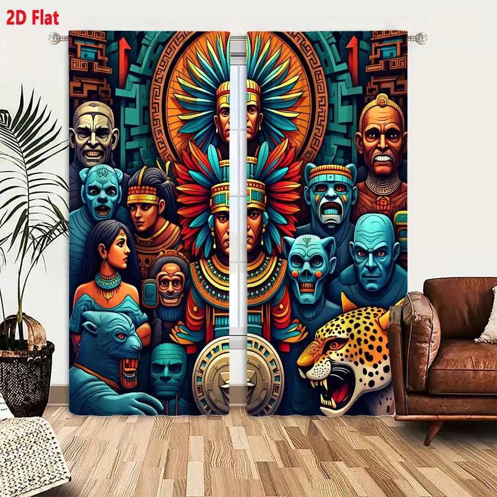 2Pcs Curtains 2D Flat Ancient Mesoamerican Aztec Culture Stylized Illustration Central Figure With Elaborate Attire Jaguar Motif