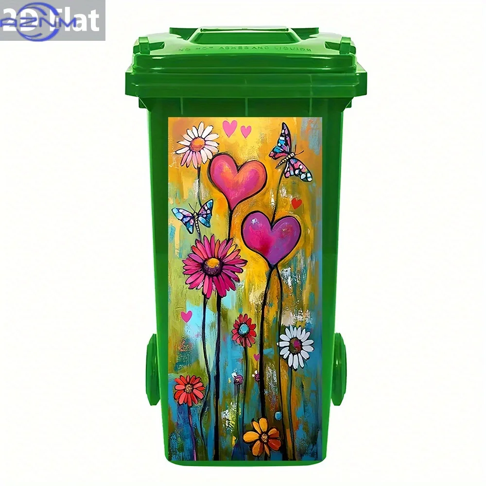 1pc 2D Flat Colorful Flowers and Butterflies Trash Can Sticker – Waterproof, Vibrant and Delightful, Floral-Themed, Bin Decora