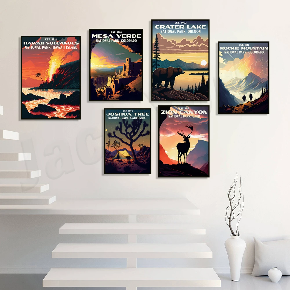 Joshua tree, rocky mountains, zion canyon, maine, arches, texas, crater lake, glacier bay, utah national park travel poster