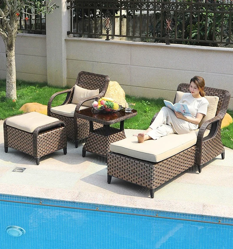 Factory Direct Sales Outdoor Garden Sofa Bed Balcony Garden Rattan Woven Aluminum Alloy Sofa Bed Combination