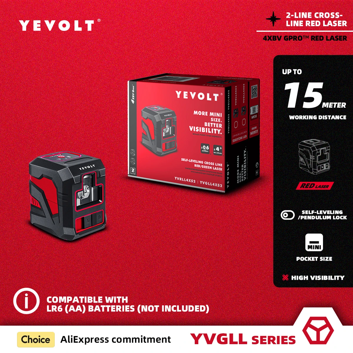 Yetolt YVRLL4XS2 livello Laser rosso a linea incrociata autolivellante a 2 linee-Mini strumento domestico per interni con capacità di misurazione