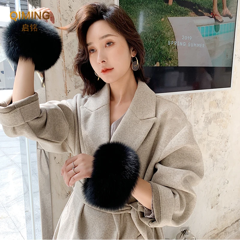 Winter Real Fox Fur Cuffs Warmer Furry Wrist Cuff Fur Sleeves Fluffy Fur Wrist Cuffs For Women Coat Arm Cuffs Bracelet Wristband