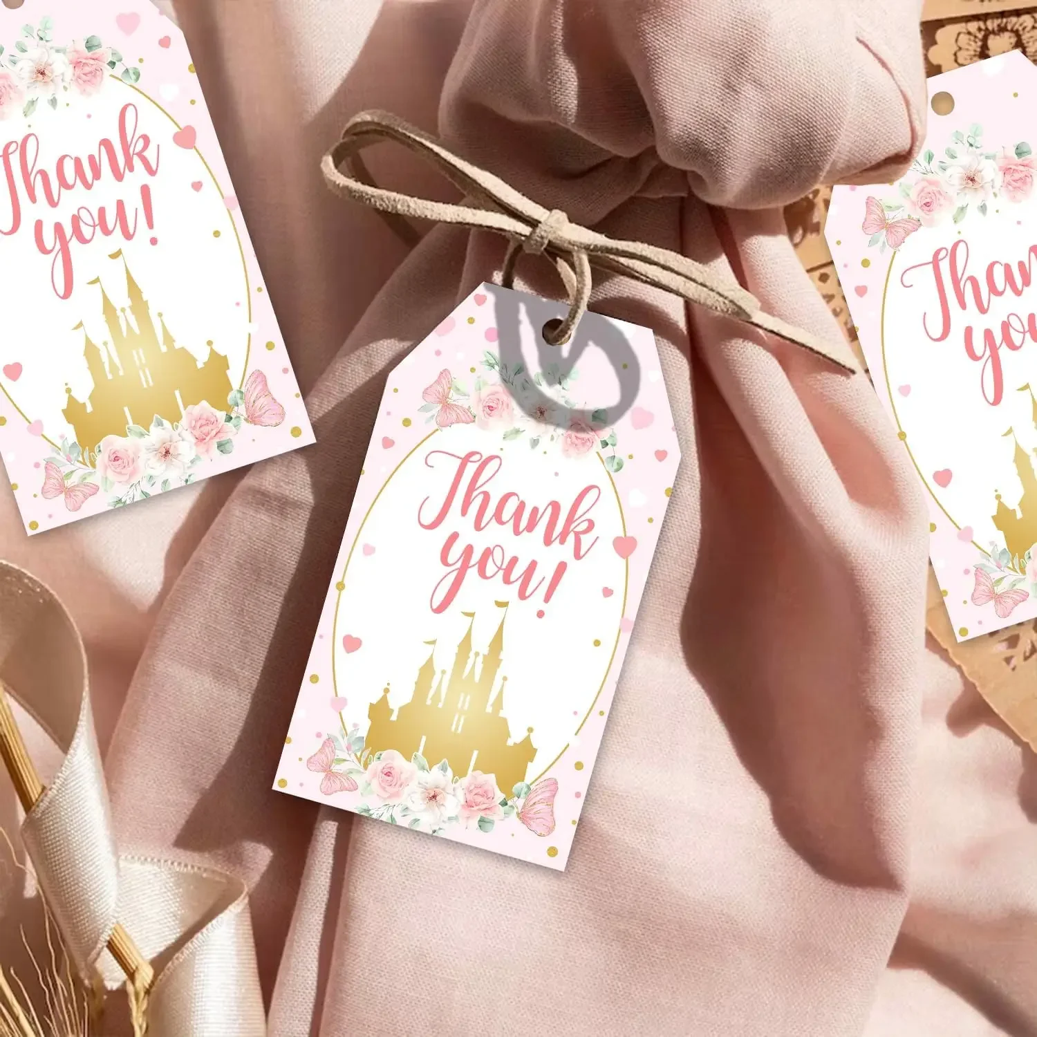 50Pcs Princess Theme Thank You Tags Pink Floral Castle Thank You Paper Gift Tags Hanging Labels for Girl Princess Party Supplies