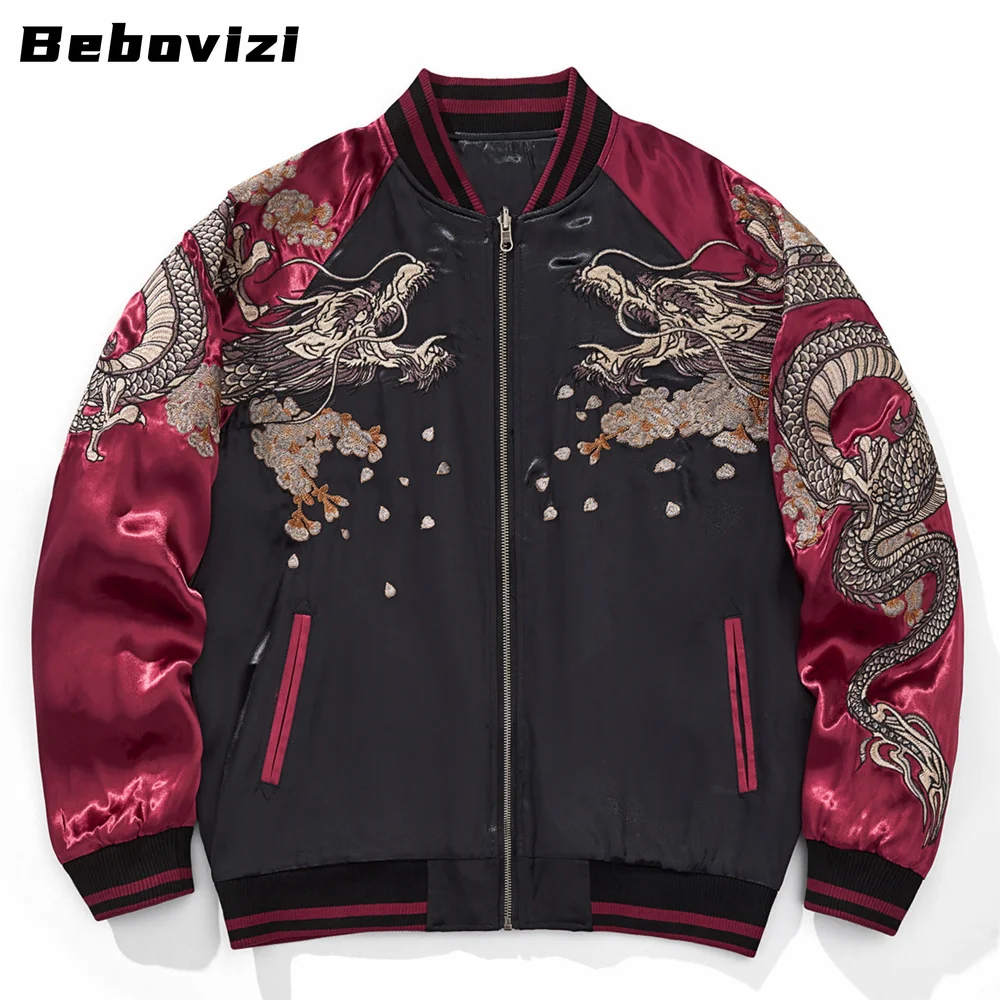 Men's Red Baseball Jacket - Japanese Style Dragon Embroidery Souvenir Yokosuka Bomber Coat Autumn Fall