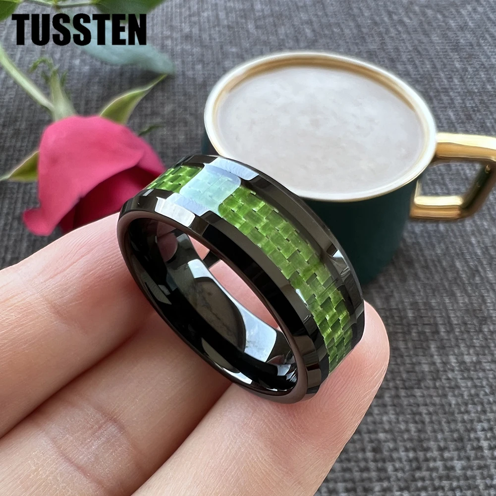 TUSSTEN 6/8MM Classic Tungsten Wedding Band Ring For Men Women With Green Carbon Fiber Inlay Bevel Polish Comfort Fit