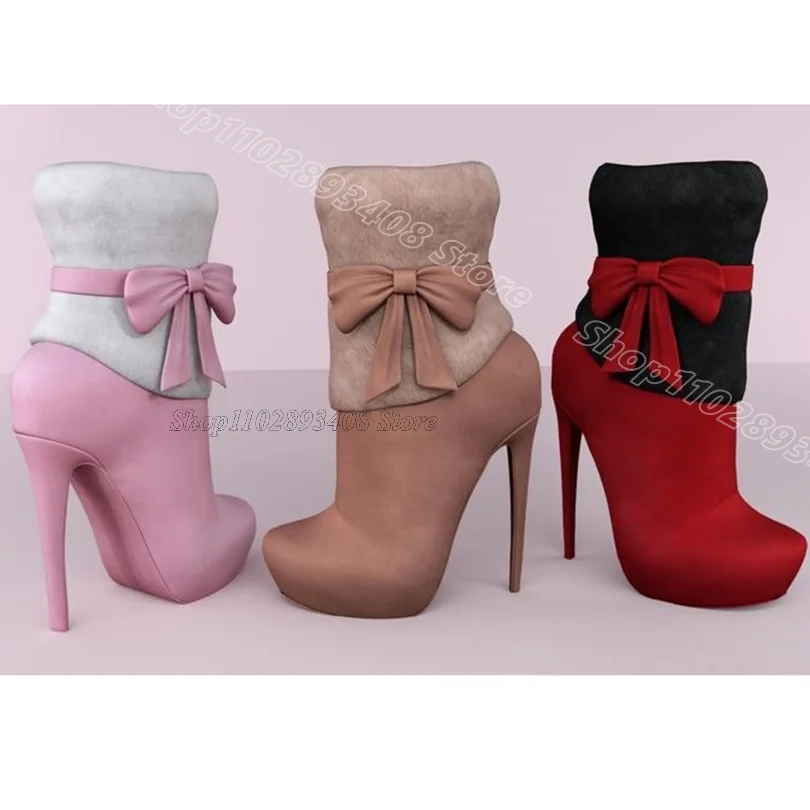 

Pink Bowknot Fur Decor Boots Splicing Winter Warm Design for Women Casual Party Ankle Boots 2025 Zapatos Para Mujere