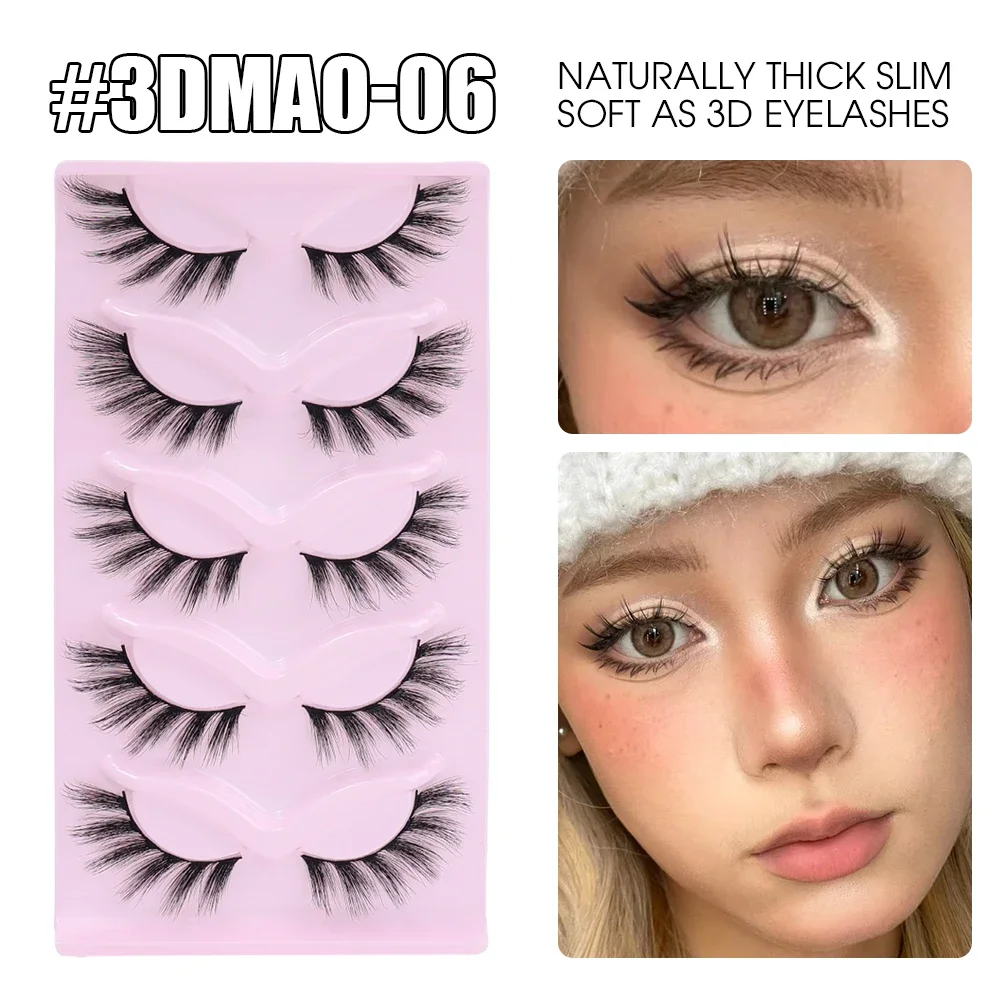 3D Cat Eye False Eyelashes 5 Pairs Short Fluffy Eyelashes Soft Natural Long Strip Lashes Winged End Eye Elongated Lashes Makeup