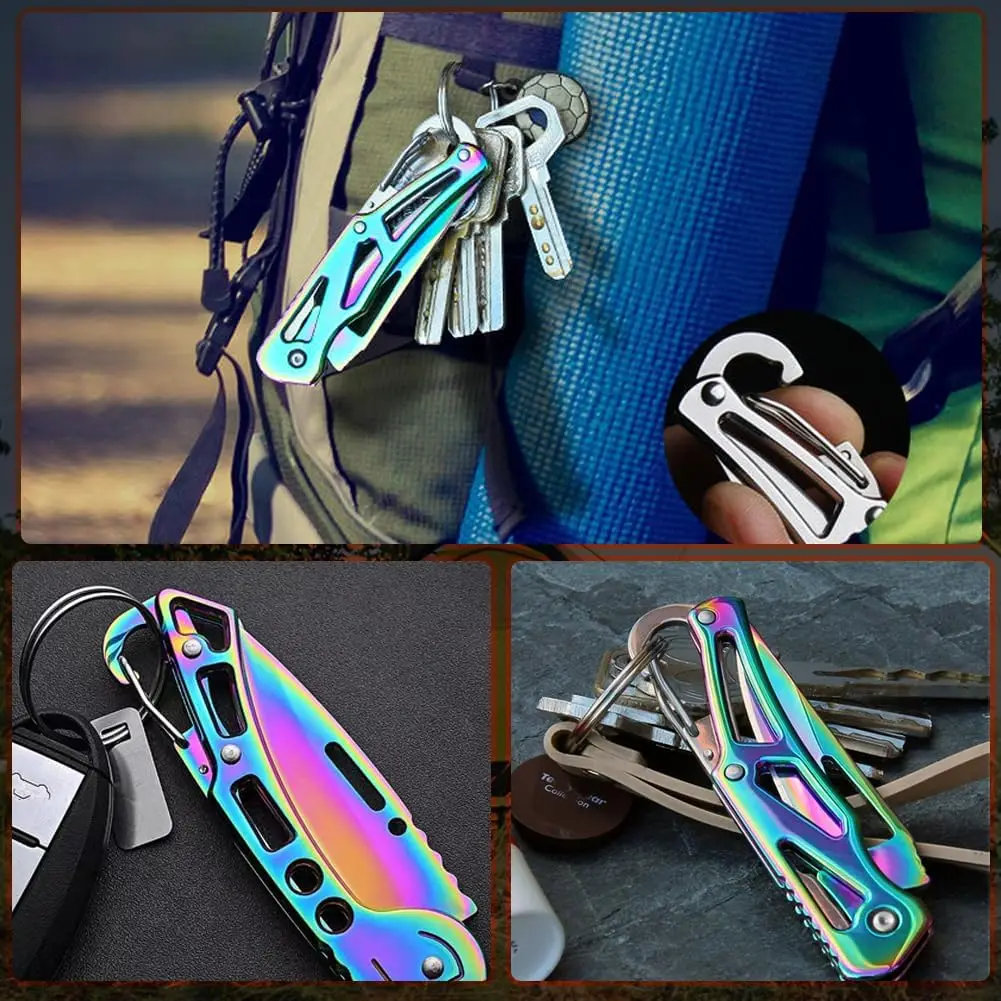 2pcs Cool Multi-Function Outdoor Folding Knife (multi-colored titanium) ，Keychain Pendant, Portable， for Camping & Daily Use