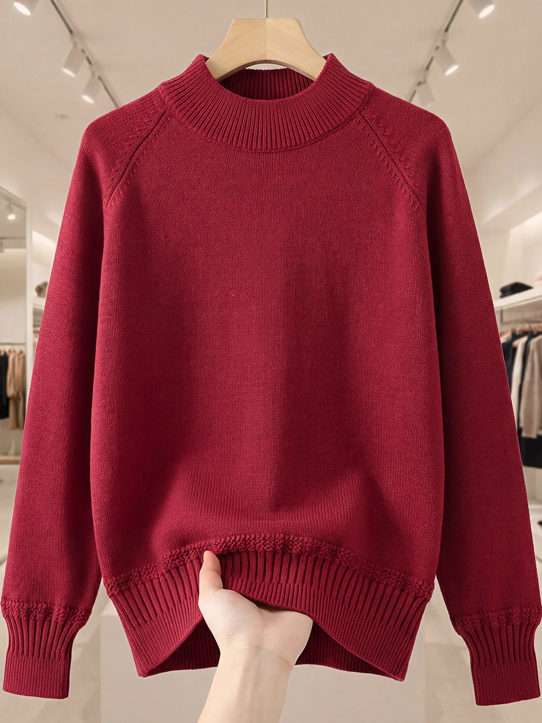 Czerwony sweter damski z czystej bawełny, dzianinowy, luźny krój, ciepła warstwa bazowa, wysoki kołnierz, do noszenia w domu, długi rękaw.