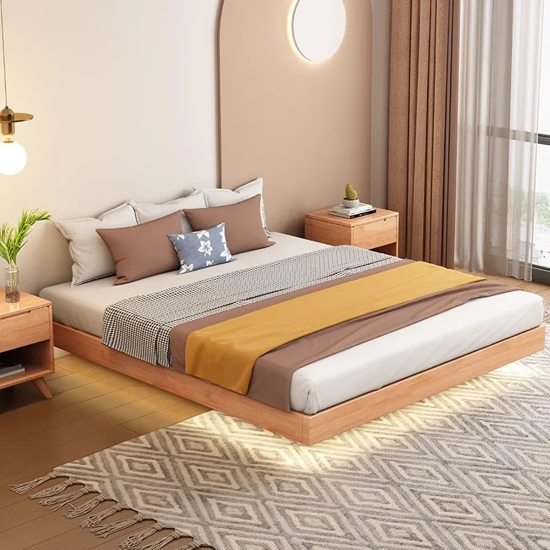 

Modern solid wood bed frame double wooden bed king floating bed