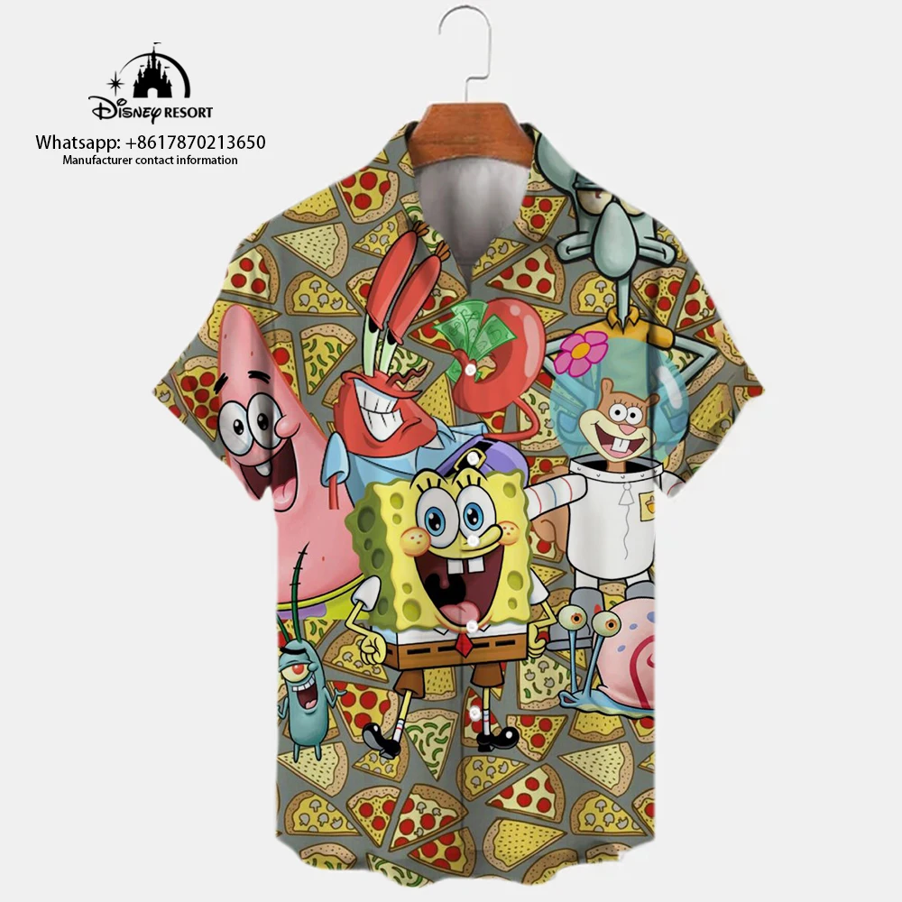 Desenhos animados de Bob Esponja, camisa de manga curta, casual, lapela com todos os fósforos, moda de rua Harajuku, novo, verão, Y2K, 2024