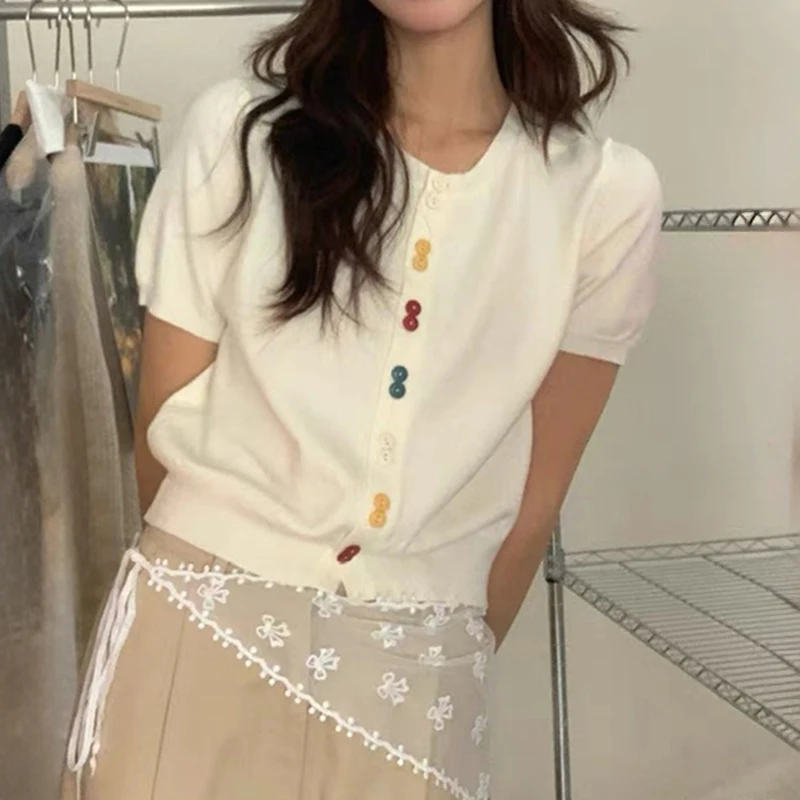 

Multicolor Button Up Knit Cardigan for Women Short Sleeve Crew Hem Crop Sweater Tops Korean Fashion Summer Casual Outfit