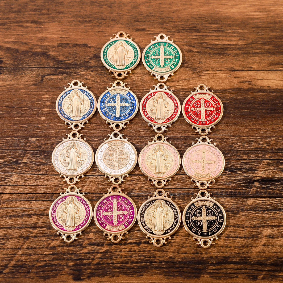 12Pcs Metal Enamel Saint Benedict Medal Charm Gold Tone Round Medalla De San Benito Pendants for DIY Necklaces Bracelet Keychain