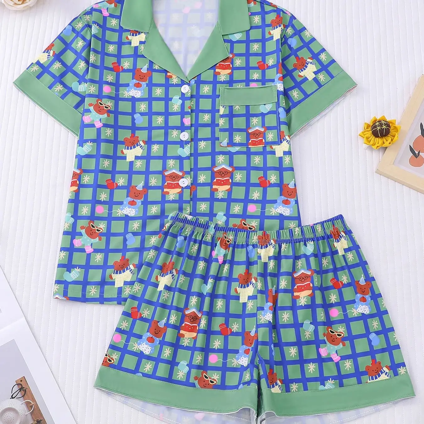 

Белый и свежий сине-зеленый пижамный комплект с принтом в клетку и мишками, женский, с воротником на пуговицах, летний, тонкий, дышащий, для дома