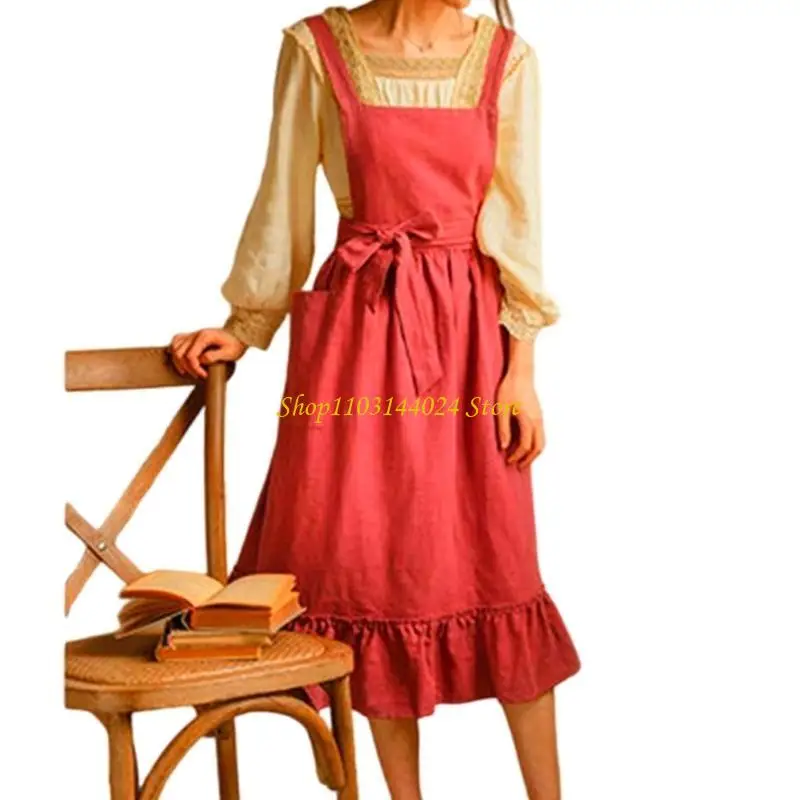 

N5KE женский винтажный фартук, художественный хлопково-льняной фартук с рюшами для кухни, однотонное платье-сарафан для выпечки