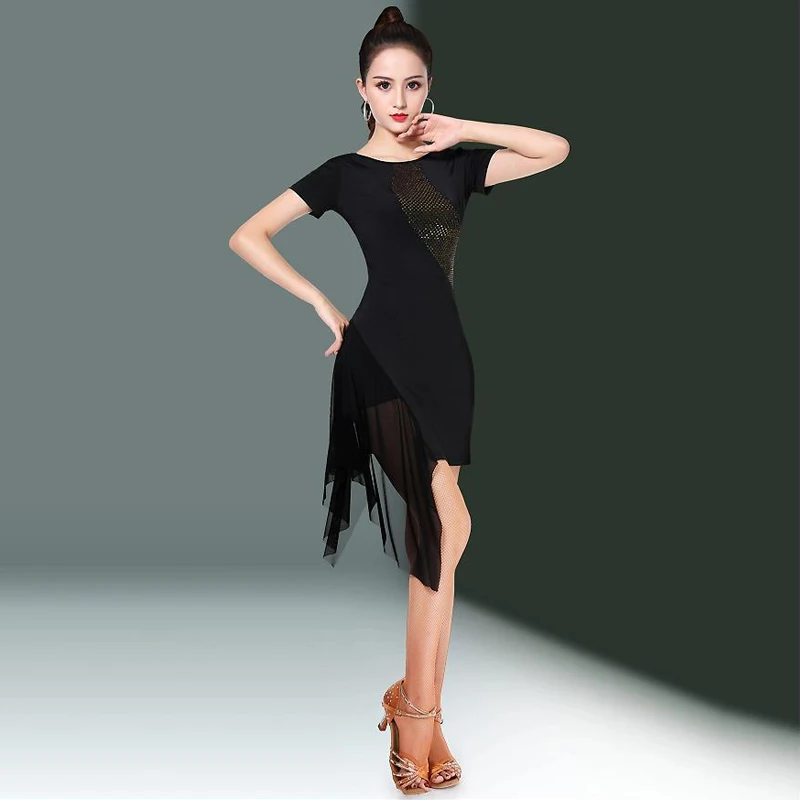 ชุดกระโปรงลูกไม้เซ็กซี่มีเพชรชุดเดรสสำหรับฝึกซ้อมเต้นลาตินชุดเดรสสำหรับแข่งขันชุดเดรสเต้นรำการแสดงชุดสีดำชุดกระโปรงใส