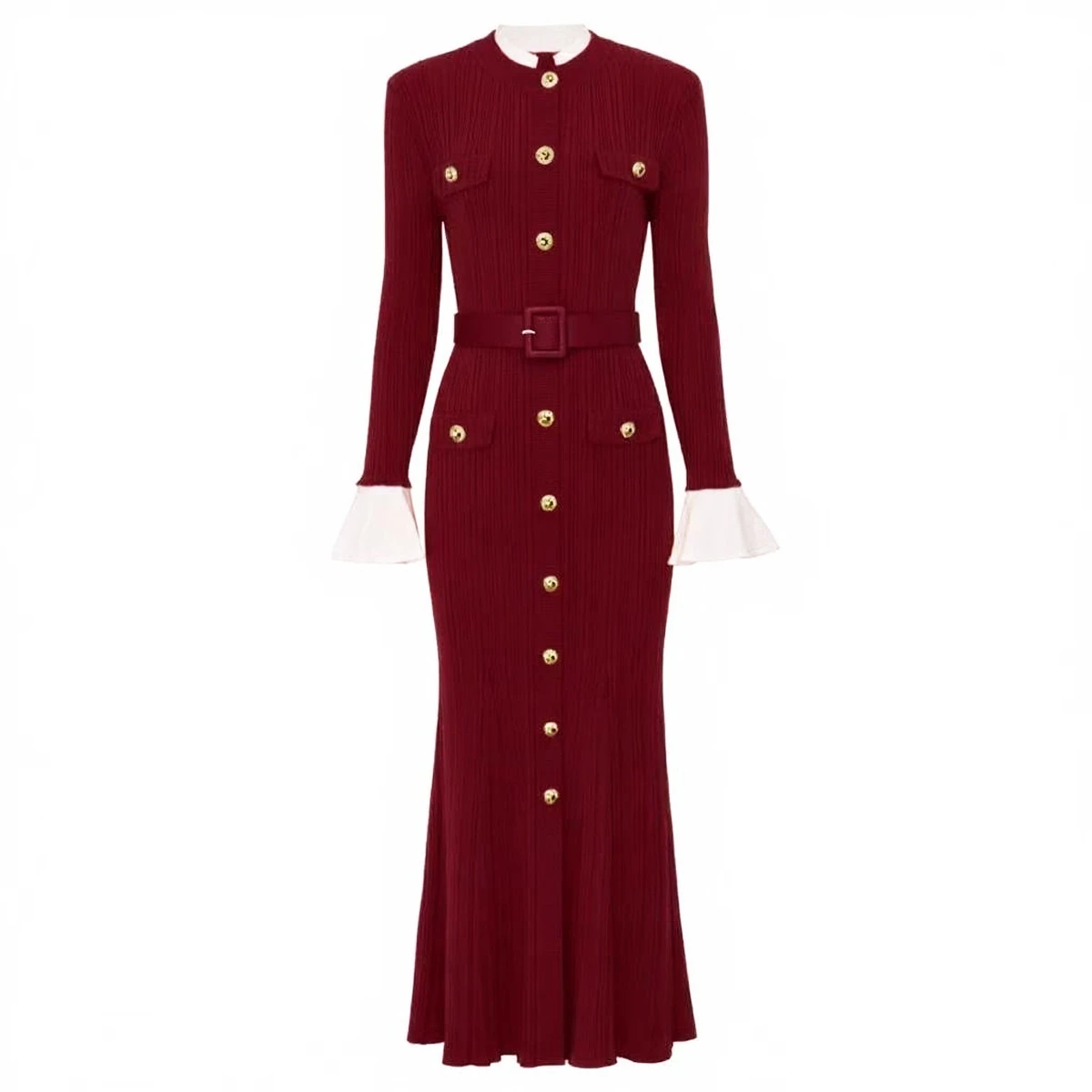 

Ele High-Waisted Long Knitted Fi Tail Skirt with Metal Bule Waist Belt Long Sve round Ne Ci Commute Dr