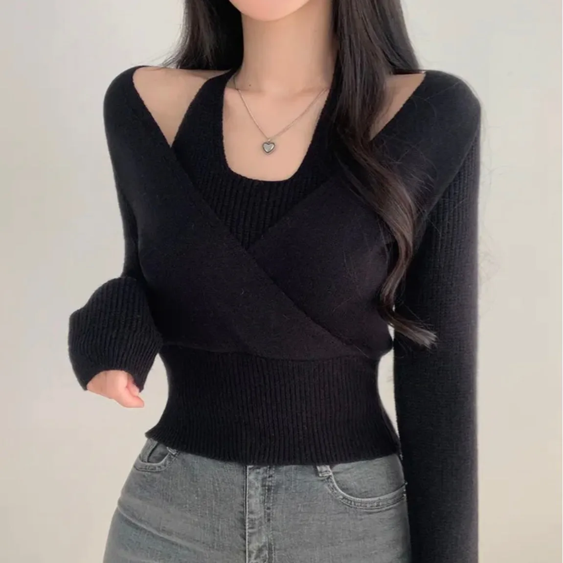 여성용 시크 디자인 니트 크로스 네 롱 스웨터 슬림 핏 이너웨어 한국 스타일 출퇴근용 슬리브 탑