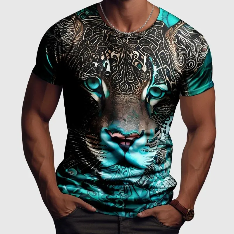 Men's Casual T Shirt Novelty Leopard Print Round Neck Jumper Summer New Home Daily Sports Travel Holiday Breathable Tees 2Pieces