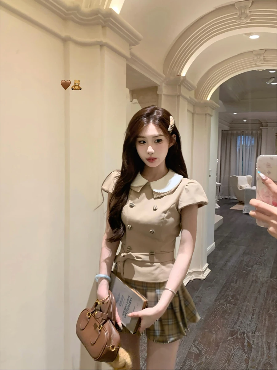 

Mochi British Style Checkered Plaid Doll Collar Short Sleeve Top And Skirt Set High Waist A-Line Midi Skirt Contrast Color