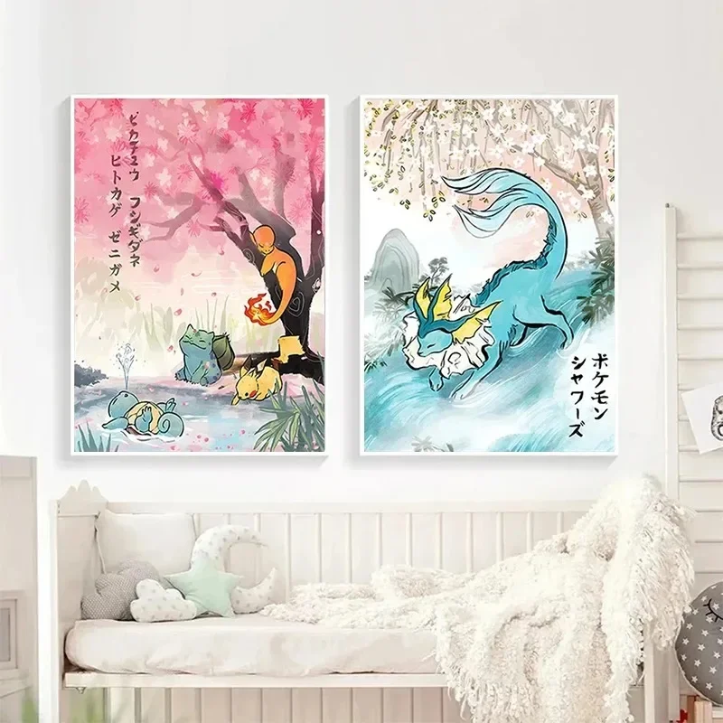 Pokemon Peripheral Posters Pikachu Eevee Gyarados Charizard Anime Figures Canvas Painting Wall Decoration Poster Colourful Gift