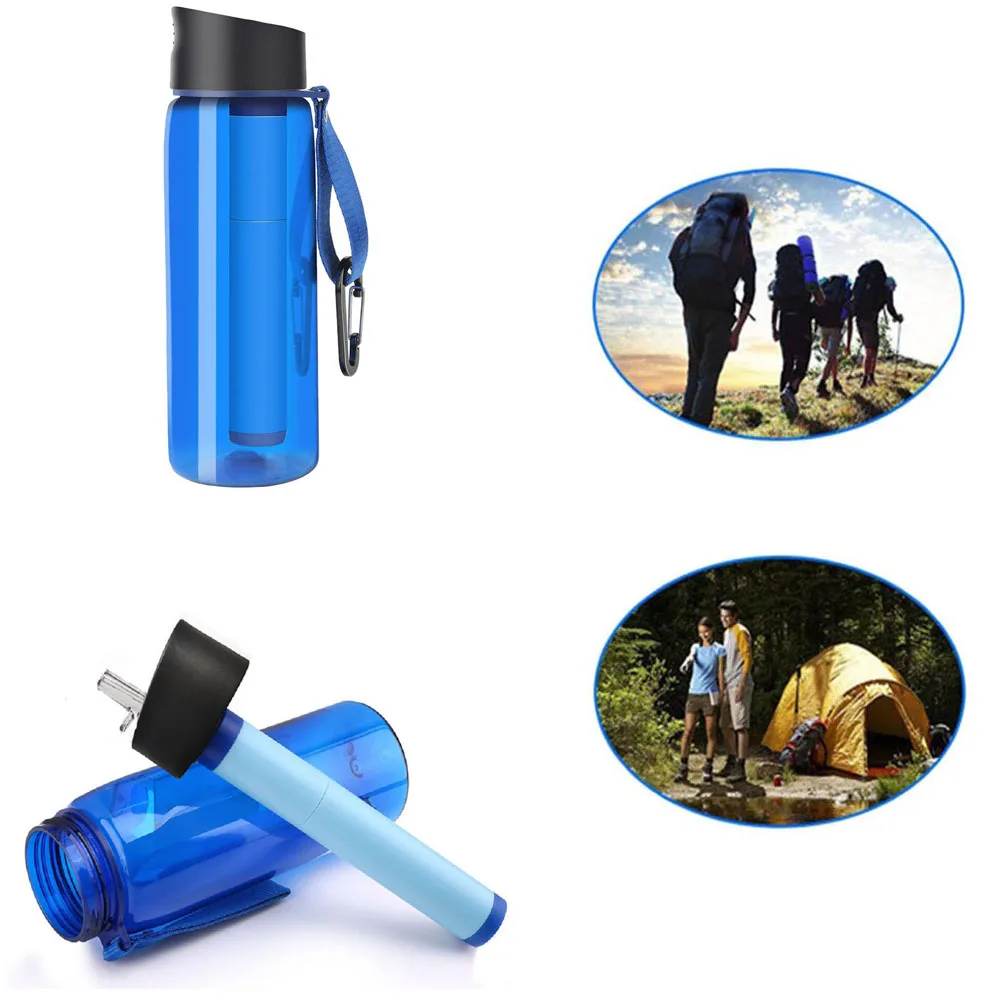 Water Filter Bottle Outdoor Filter Water Kettle Travel Water Emergency Bottle With 4-Stage Integrated Filter Straw For Camping