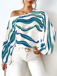 Sexy Off Shoulder Striped Print Shirt Blouse Women Spring Autumn Fashion Lantern Sleeve Loose Casual Shirts Tops Femme