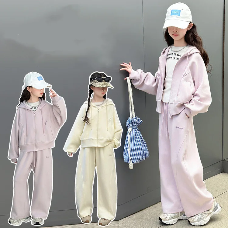 

Спортивный костюм из 2 предметов для школьниц, осенний спортивный костюм с длинными рукавами и вышивкой букв, детская одежда для девочек, пальто с капюшоном на молнии + комплекты брюк на шнурке