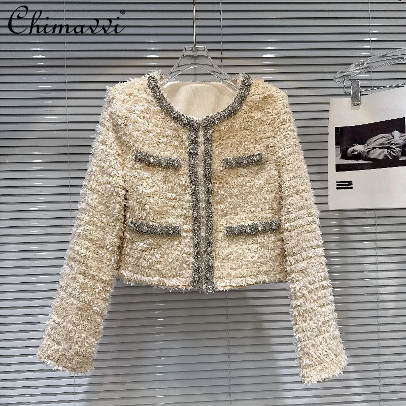 

2025 Autumn Clothes New Fashion Heavy Round Neck Long Sleeve Fleece Wool Short Coat Slim Fit Elegant Party Women's Jacket