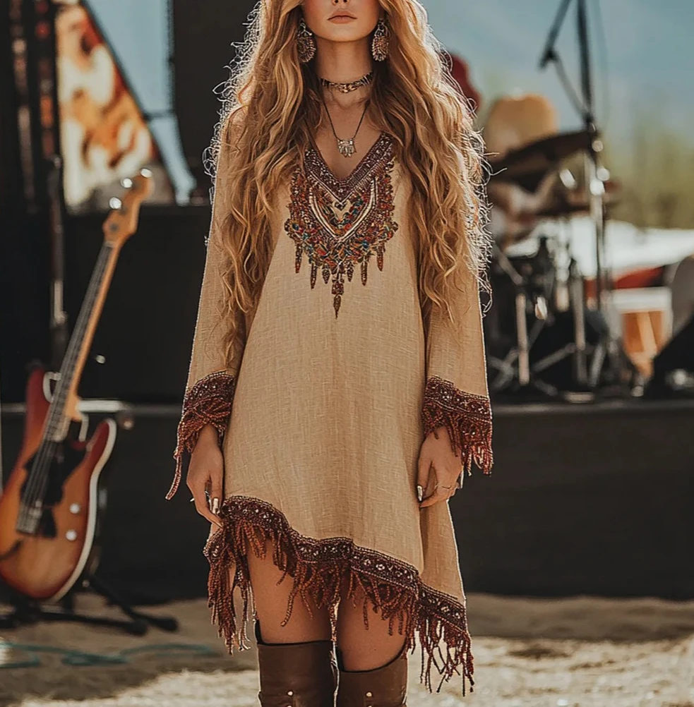 Vestido bohemio con borlas bordadas, cuello en V, manga larga, varios colores, dobladillo asimétrico, minivestido para festivales e informales