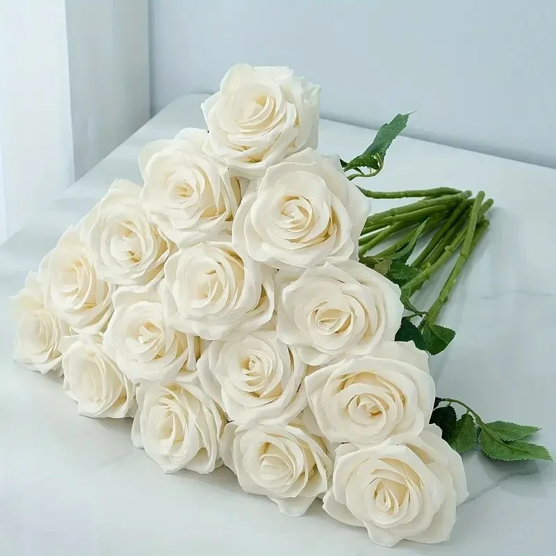 

Exquisite 12pcs/lot White Artificial Rose Flowers Long Branch Faux Roses for Wedding Decorate Valentines Day Bride Bouquet Fern