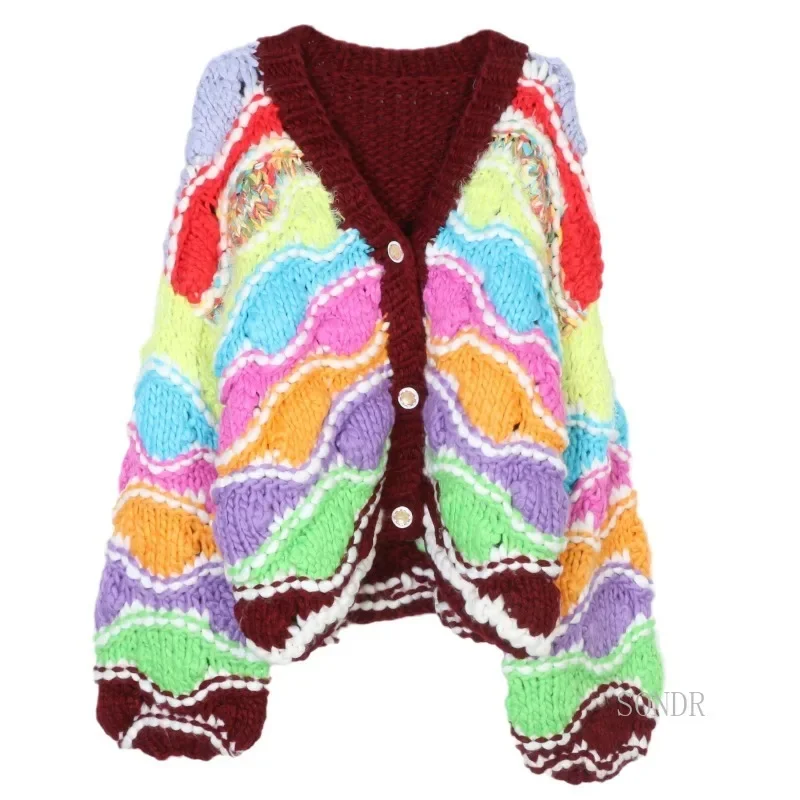 

Coarse Yarn Wool Bend Thick Cardigan Sweater Jacket Contrast Colors Hand Hook V-neck Knitted Cardigan 2024 Oversized Sweater Top