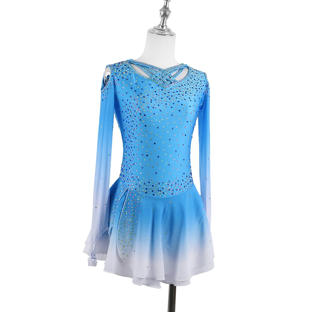 Zagitova Figure Skating Dress Women Girls Ice Skating Skirt Gradient Blue Off Shoulder With Shiny Diamond Mesh Skirt