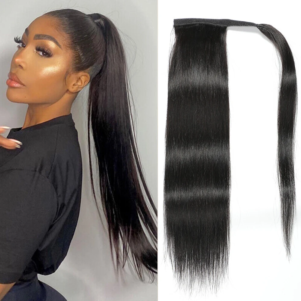 Straight Ponytail  Machine Made Magic Wrap Around Clip In Ponytail Black Remy Brazilian Human Hair Extension 10 To 32 Inches