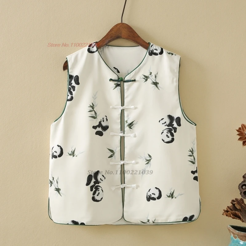 

2024 traditional chinese vintage vest national panda print vest chinese elegant vintage hanfu tops oriental tang suit waistcoat