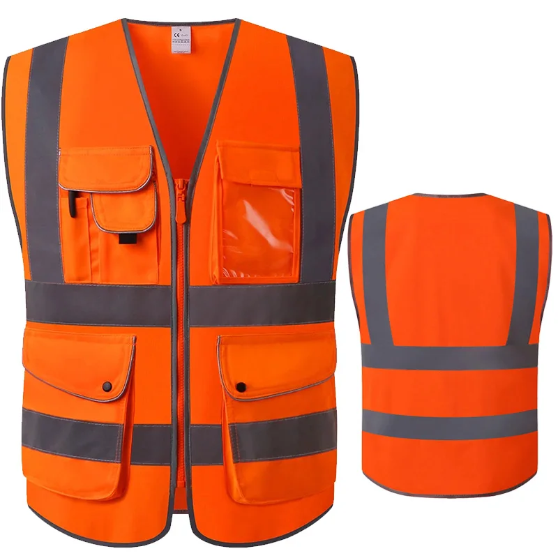 Fluorescent Orange Safety Vest with Pockets Zipper Front Closure High Visibility Reflective Safety Vest With Reflective Strips