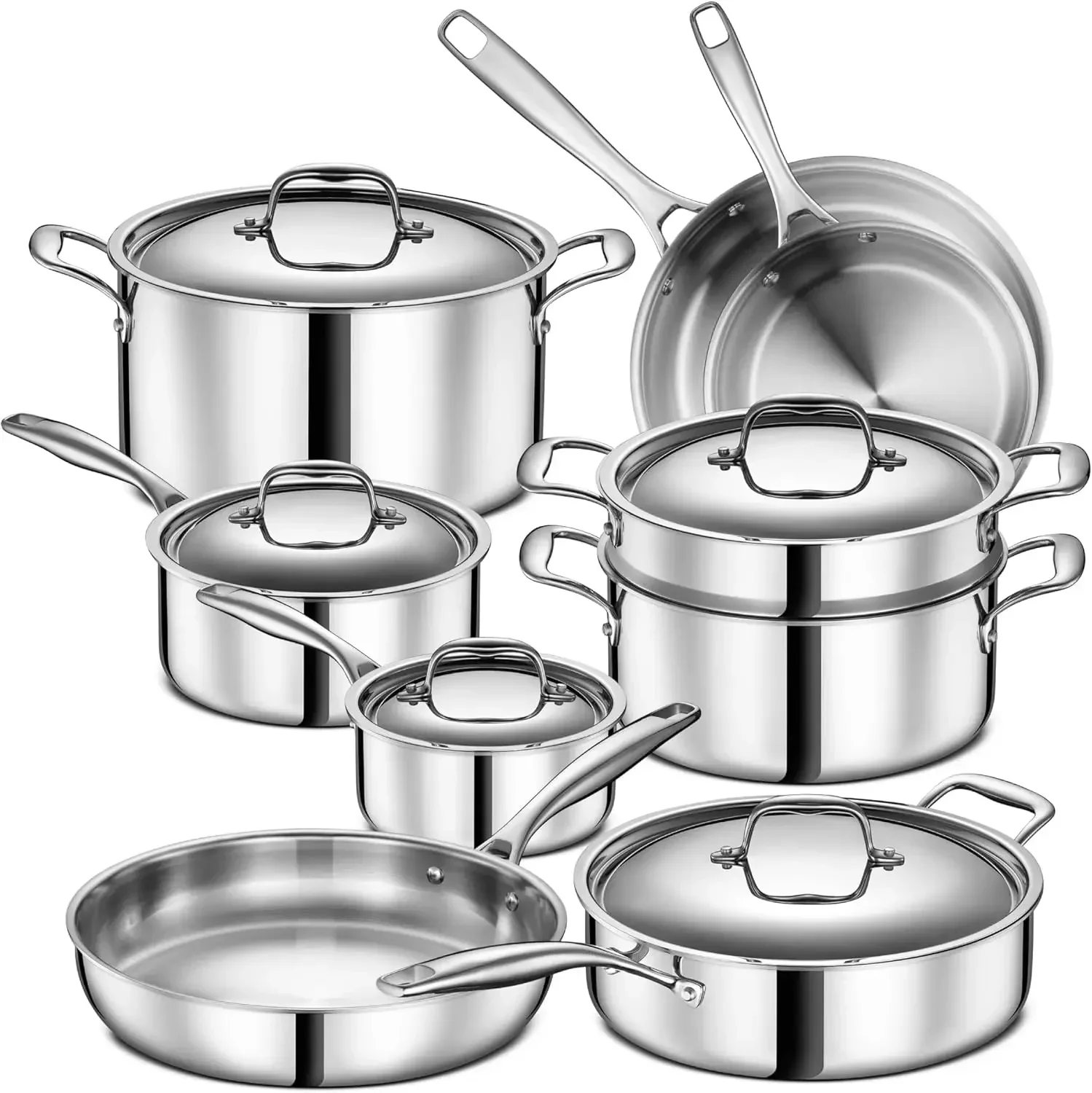 

5 Ply Stainless Steel Pots and Pans Set | 14-Piece, Induction, Non-Toxic, Oven Safe | Best 18/0 Full Clad | Professional Kitchen