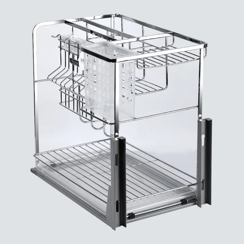 

Kitchen Cabinet Double Layer Pull Basket Seasoning Dish Basket Solid Square Steel Stainless Steel Storage Dish Rack Drawe