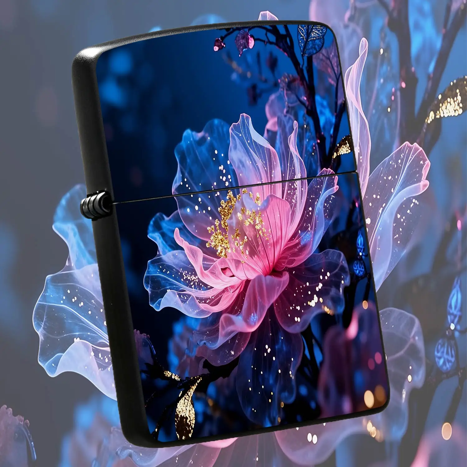 Exquisite Glowing Gradient Floral Lighter, Translucent Dreamy Petal With Sparkling Gold Foil Decor, Portable Delicate Artistic Ornament For Daily Use, Gifting, Party, Collection And Various Scenarios, Soft Neon Pink Blu A Humorous And Inter