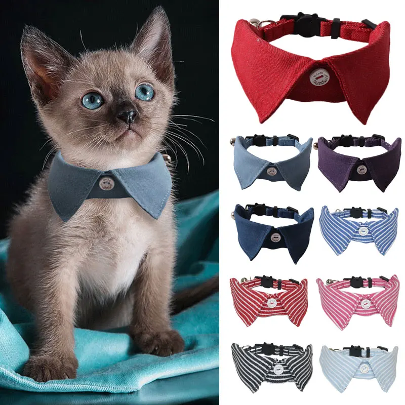 Fashion Small Cat Tuxedo Collar Gato Bowtie with Bell Denim Stripe Pet Dog Collier Chain for Kitten Cats Birthday Formal Suit