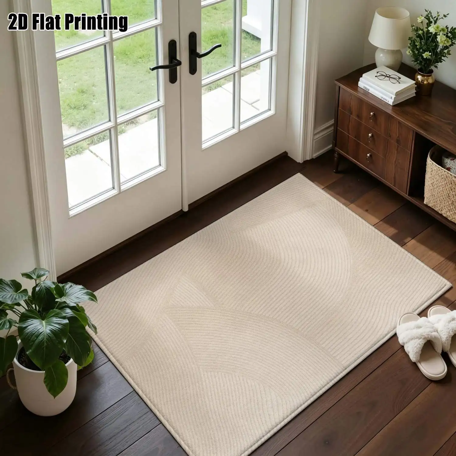 1Pc 2D Printed Beige Geometric Line Nordic-Style Carpet, Instagram-Inspired Modern Minimalist Floor Mat, Abstract Art Striped Carpet, Home Decor, Multi-Size, Machine-Washable, Suitable for Entrance, Dining Room, Foyer, Bedroom, Living Room