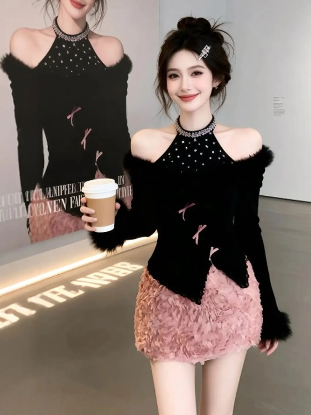 

Korean Sle Gentle Wind One oulder Top f Skirt Two Piece Set Anti Aging Whole Set Matching Spring 26 Faion Set