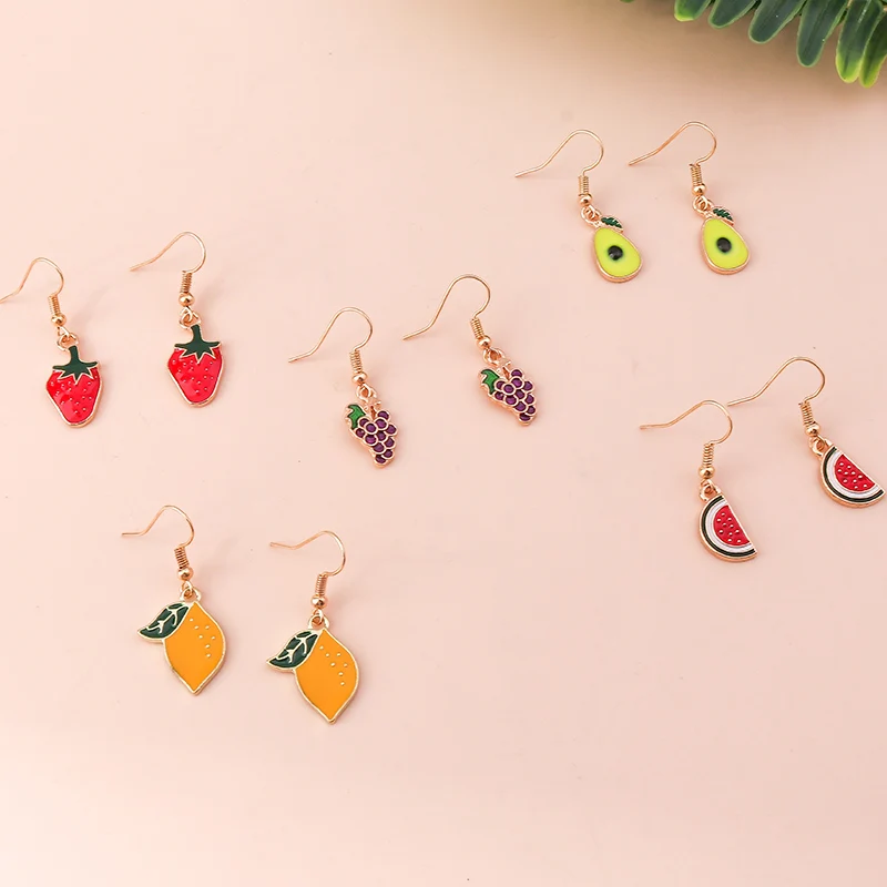 Aihua 10 teile/satz Schöne Emaille Fuirts Ohrringe Set für Frauen Kawaii Wassermelone Avocado Zitrone Traube Ohrringe Partei Schmuck Geschenke – Detail 2