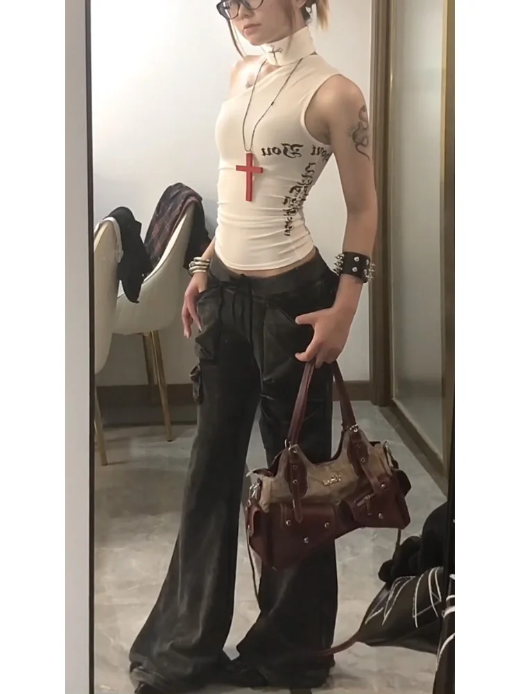 Street Sle American High Street Crossbody Vest Women Summer New Slim Fit Sexy oulder Bared Svel Strap Top