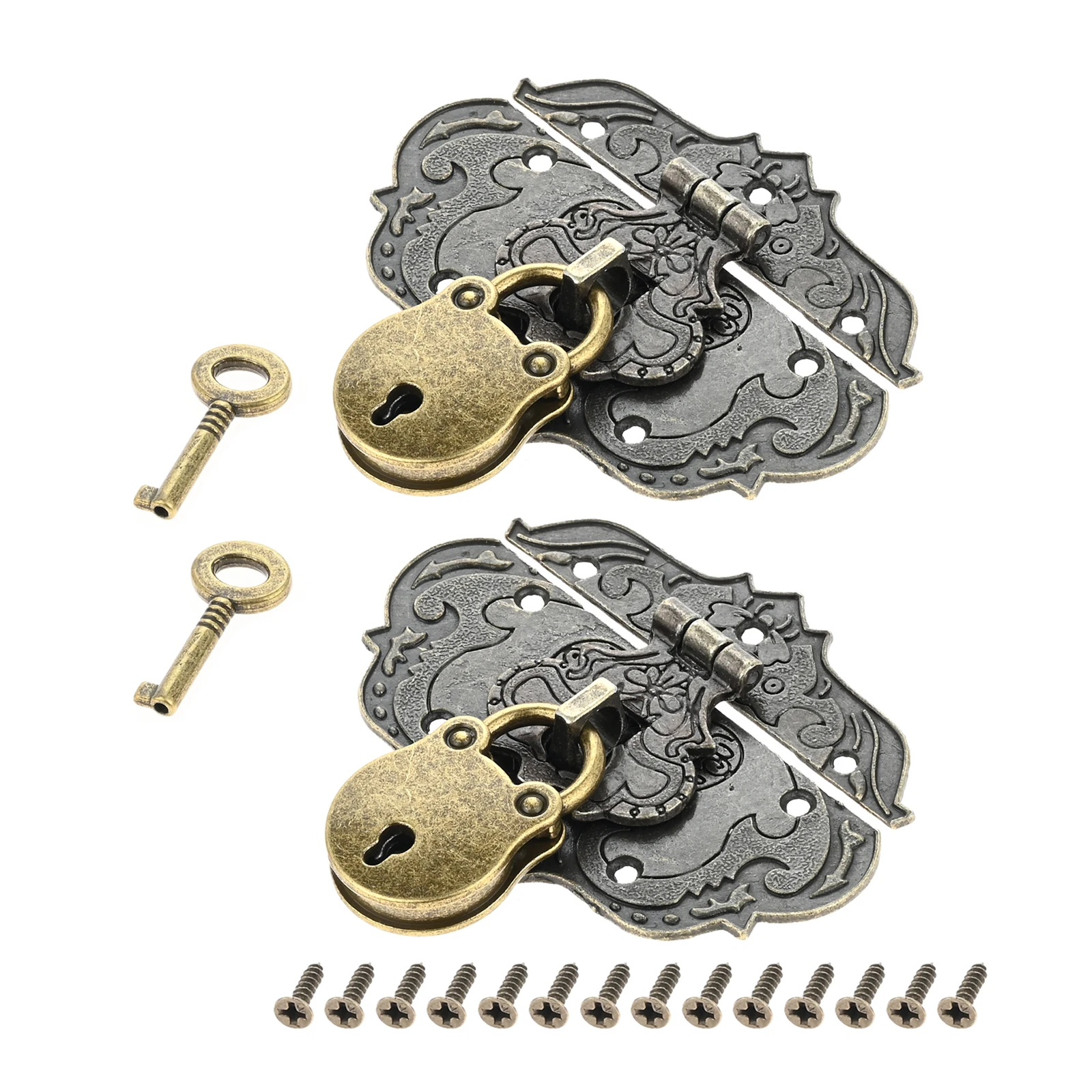 2 Sets Antique Bronze Box Hasp Clasp Latch and Padlock with Key and Screws for Drawer Jewelry Box Wooden Case Furniture Hardware