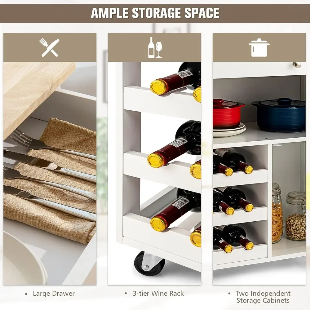 Carrello per isola da cucina, carrello da cucina con rotelle, armadio portaoggetti in legno con cassetto grande, portabottiglie per vino, ristorante moderno