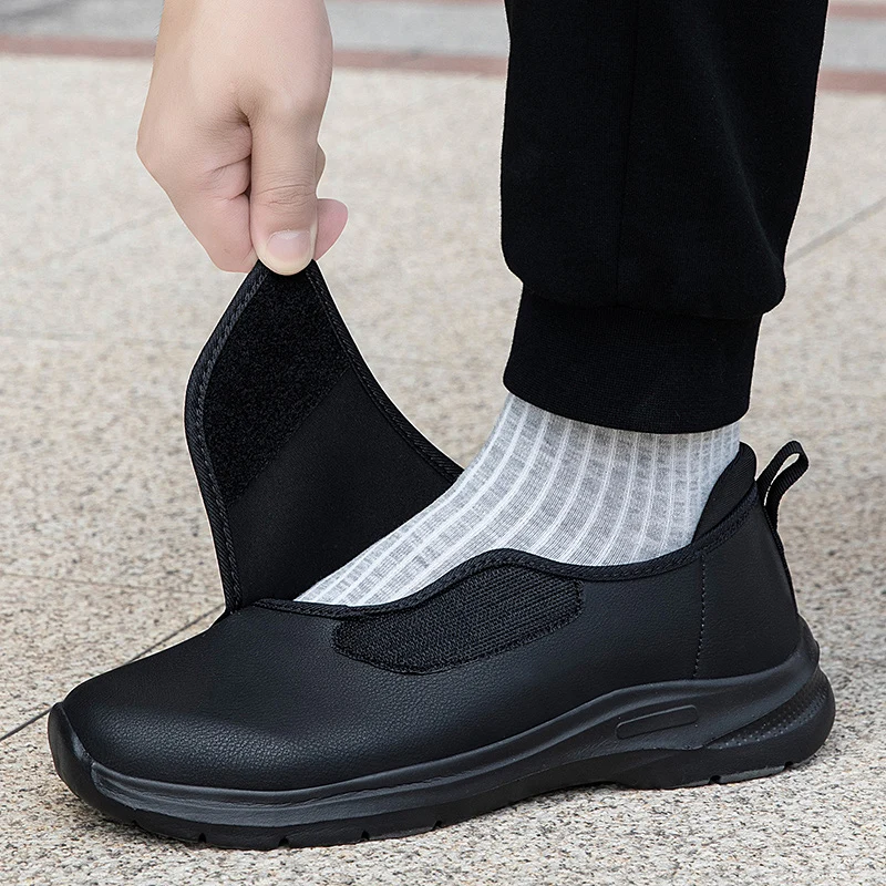 Baskets orthopédiques en cuir pour diabétiques pour hommes, chaussures ouvertes à ajustement large avec crochet et boucle réglables pour pieds gonflés, chaussures de marche confortables