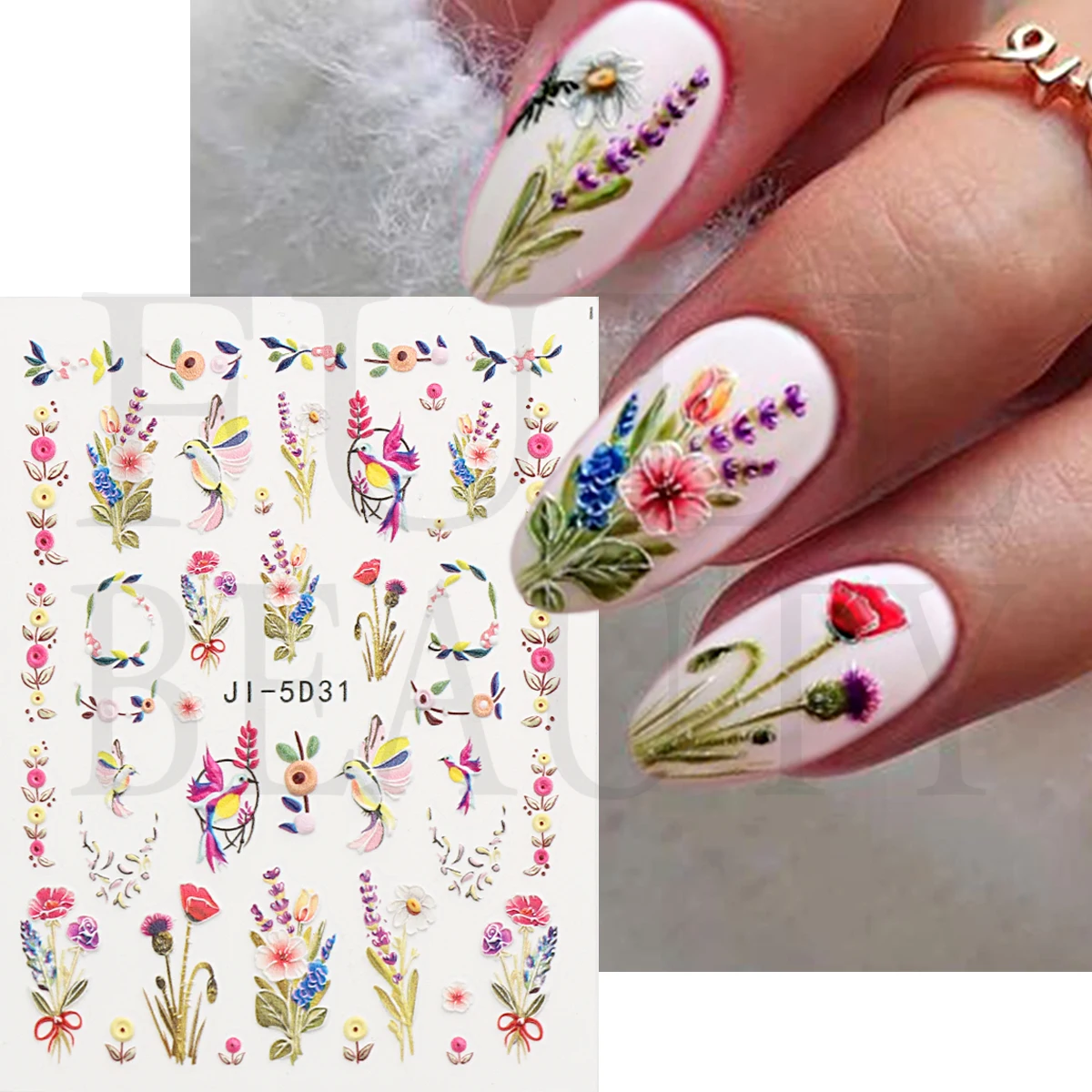 5D Relief Colorful Flowers Nail Art Stickers Embossed Wreath Bronzing Birds Hollow Stars Engraved Nail Slider Manicure LEJI-5D31